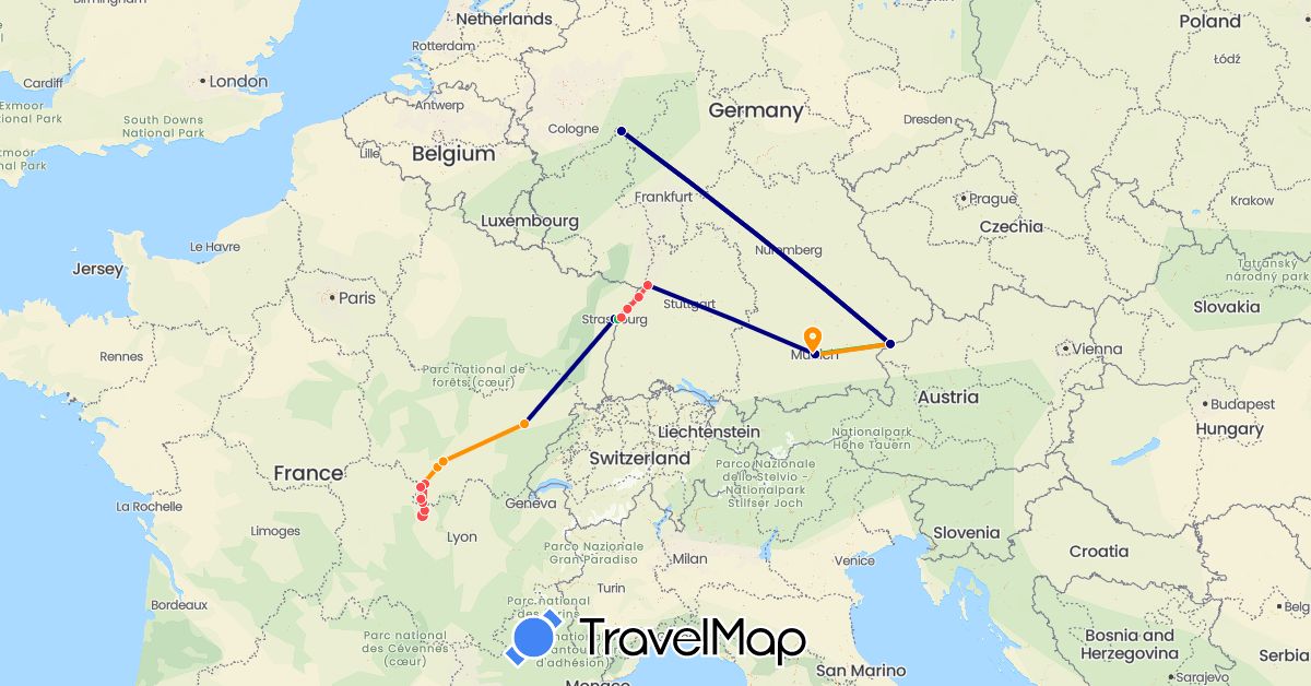 TravelMap itinerary: driving, bus, hiking, hitchhiking in Germany, France (Europe)